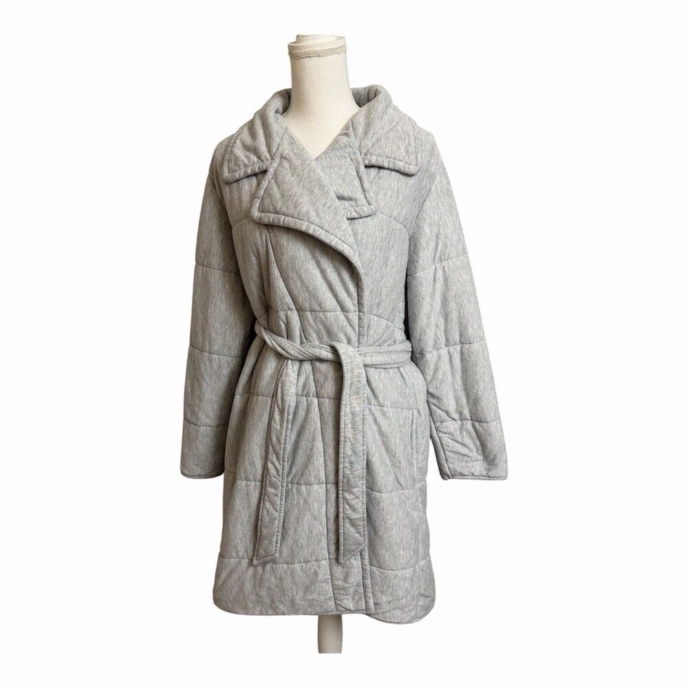 Auden Quilted Robe Gray M/L Long Sleeve Wrap Belted Pockets Cozy Luxe